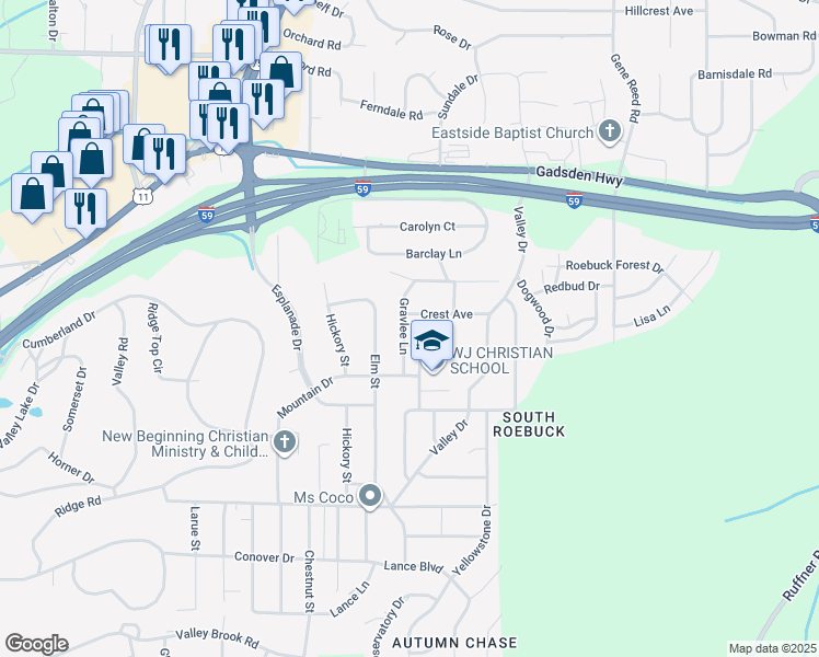 map of restaurants, bars, coffee shops, grocery stores, and more near 625 Gravlee Ln in Birmingham