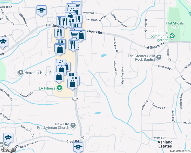 map of restaurants, bars, coffee shops, grocery stores, and more near 2264 Crossrail Drive in Atlanta