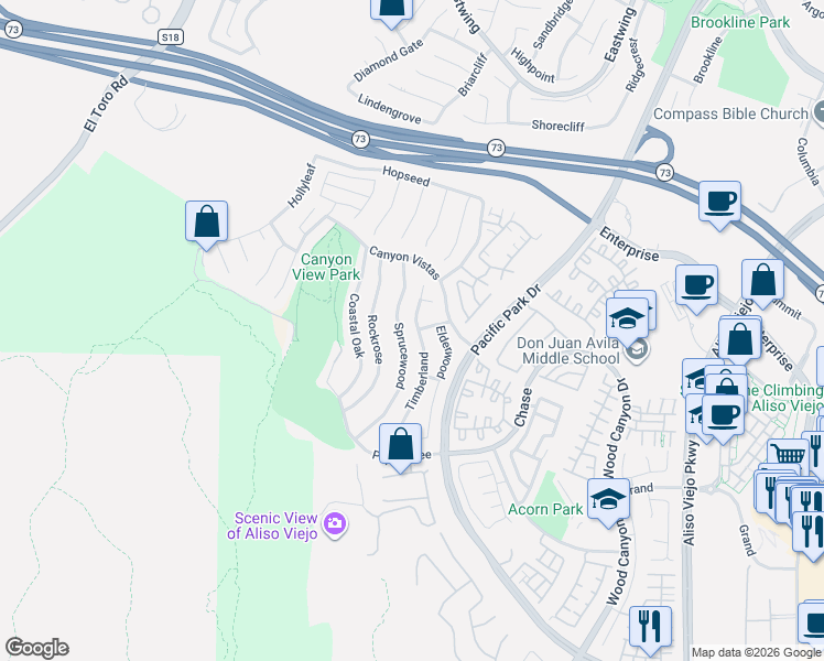map of restaurants, bars, coffee shops, grocery stores, and more near 29 Timberland in Aliso Viejo