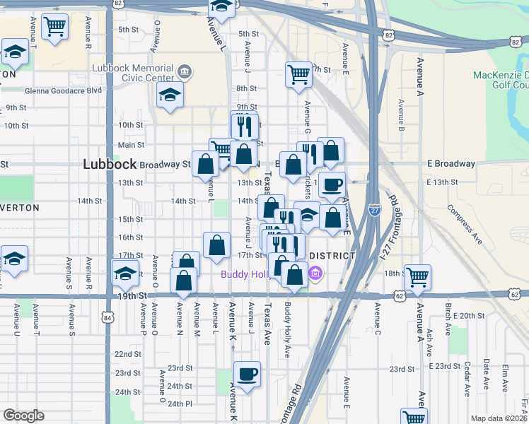 map of restaurants, bars, coffee shops, grocery stores, and more near 1413 Texas Avenue in Lubbock