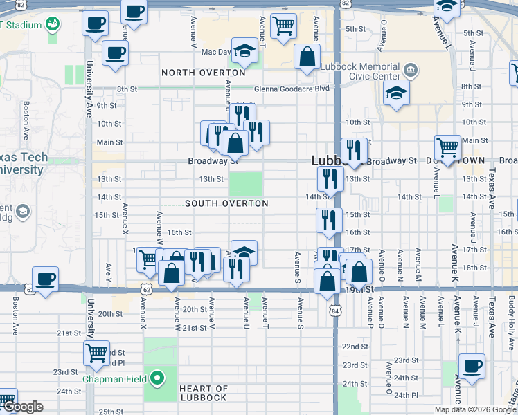 map of restaurants, bars, coffee shops, grocery stores, and more near 2008 15th Street in Lubbock