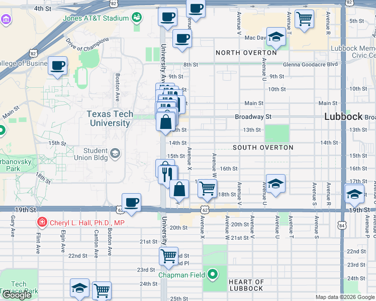 map of restaurants, bars, coffee shops, grocery stores, and more near 2320 15th Street in Lubbock