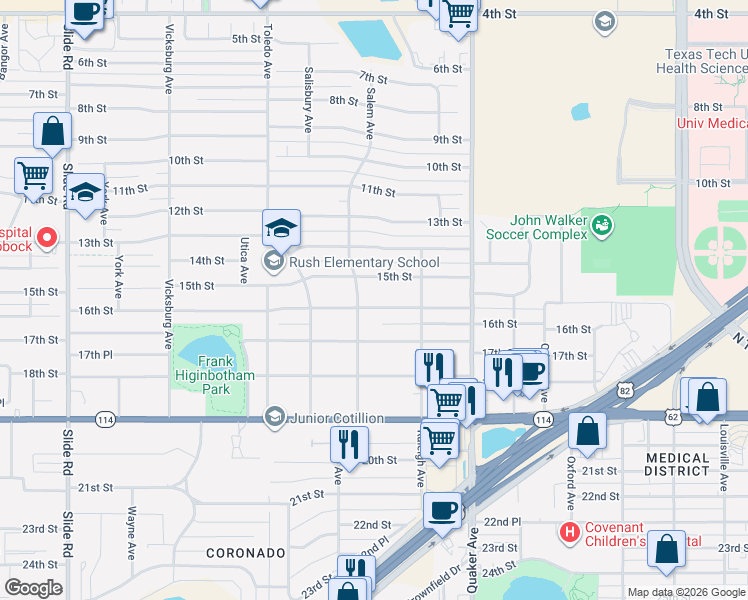 map of restaurants, bars, coffee shops, grocery stores, and more near 1500-1598 Salem Avenue in Lubbock