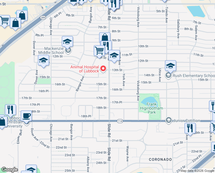 map of restaurants, bars, coffee shops, grocery stores, and more near 5016 16th Street in Lubbock