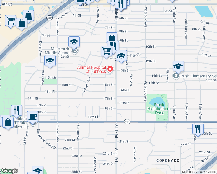 map of restaurants, bars, coffee shops, grocery stores, and more near 5207 15th Street in Lubbock