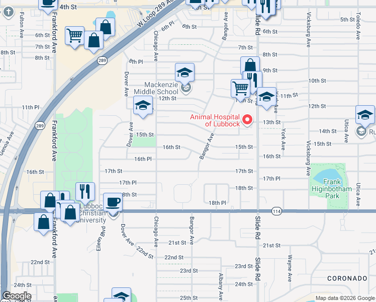 map of restaurants, bars, coffee shops, grocery stores, and more near 5401 16th Place in Lubbock