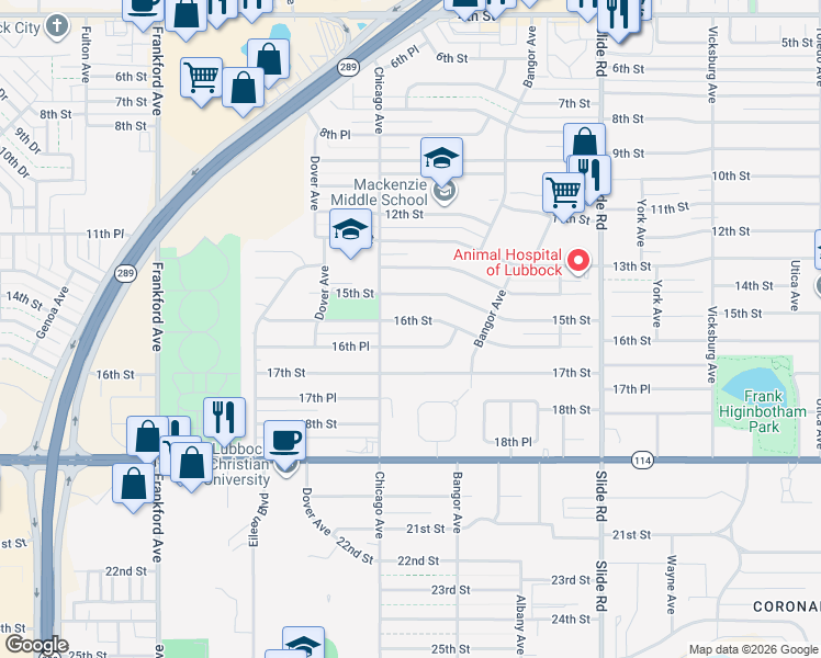 map of restaurants, bars, coffee shops, grocery stores, and more near 5421 16th Street in Lubbock