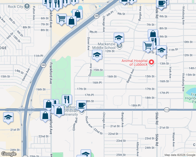 map of restaurants, bars, coffee shops, grocery stores, and more near 5513 16th Street in Lubbock