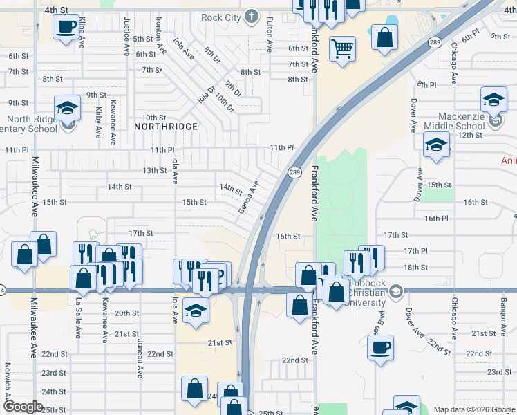 map of restaurants, bars, coffee shops, grocery stores, and more near 5801 14th Street in Lubbock