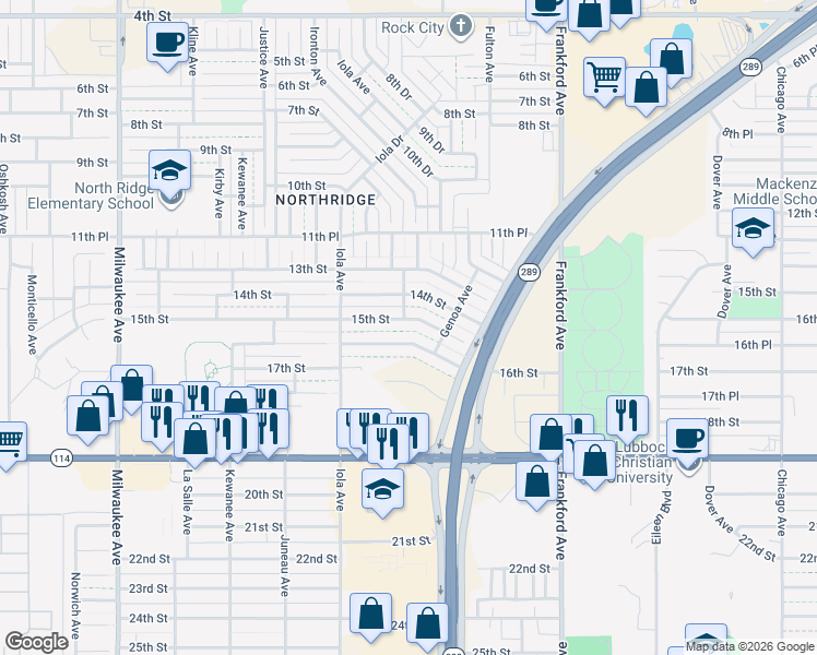 map of restaurants, bars, coffee shops, grocery stores, and more near 5915 15th Street in Lubbock