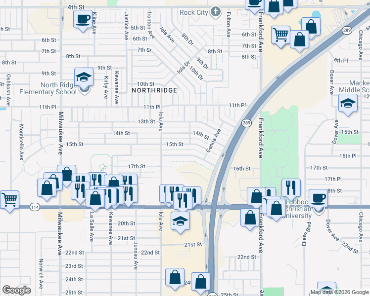 map of restaurants, bars, coffee shops, grocery stores, and more near 5915 15th Street in Lubbock