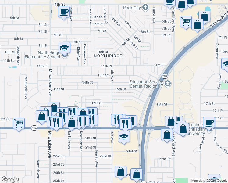 map of restaurants, bars, coffee shops, grocery stores, and more near 6013 15th Street in Lubbock