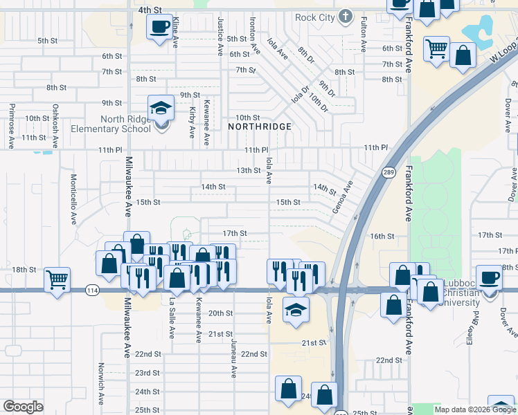 map of restaurants, bars, coffee shops, grocery stores, and more near 6105 15th Street in Lubbock