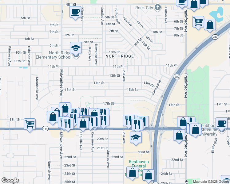 map of restaurants, bars, coffee shops, grocery stores, and more near 6105 15th Street in Lubbock