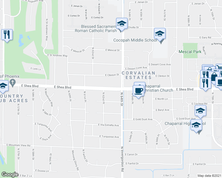 map of restaurants, bars, coffee shops, grocery stores, and more near 6307 East Shea Boulevard in Scottsdale