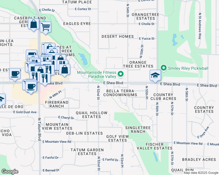 map of restaurants, bars, coffee shops, grocery stores, and more near 5249 East Shea Boulevard in Scottsdale