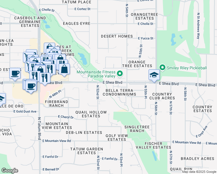 map of restaurants, bars, coffee shops, grocery stores, and more near 5249 East Shea Boulevard in Scottsdale