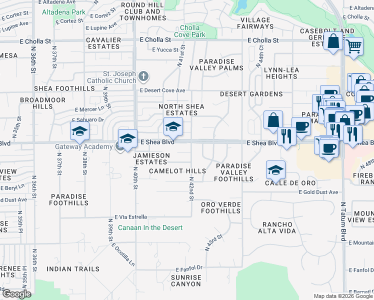 map of restaurants, bars, coffee shops, grocery stores, and more near 4100-4102 East Cannon Drive in Phoenix