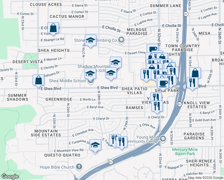 map of restaurants, bars, coffee shops, grocery stores, and more near 2844 East Cannon Drive in Phoenix