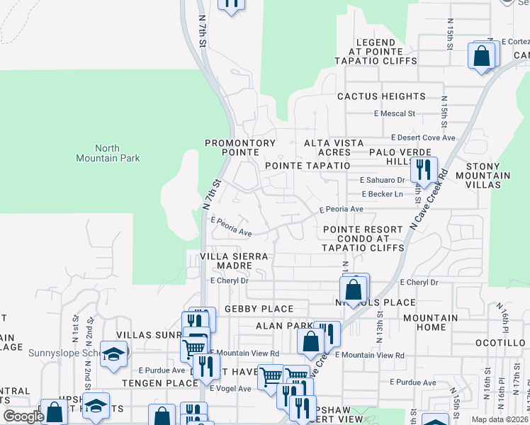 map of restaurants, bars, coffee shops, grocery stores, and more near 10606 North 9th Street in Phoenix