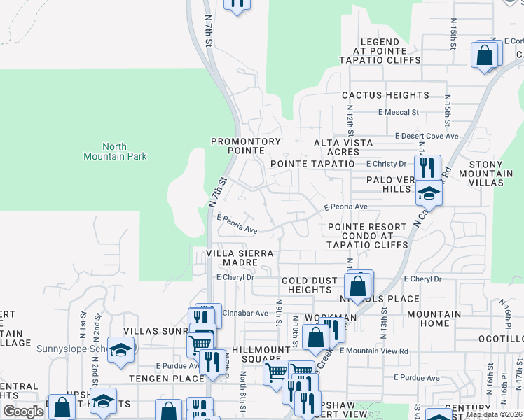 map of restaurants, bars, coffee shops, grocery stores, and more near 10606 North 9th Street in Phoenix
