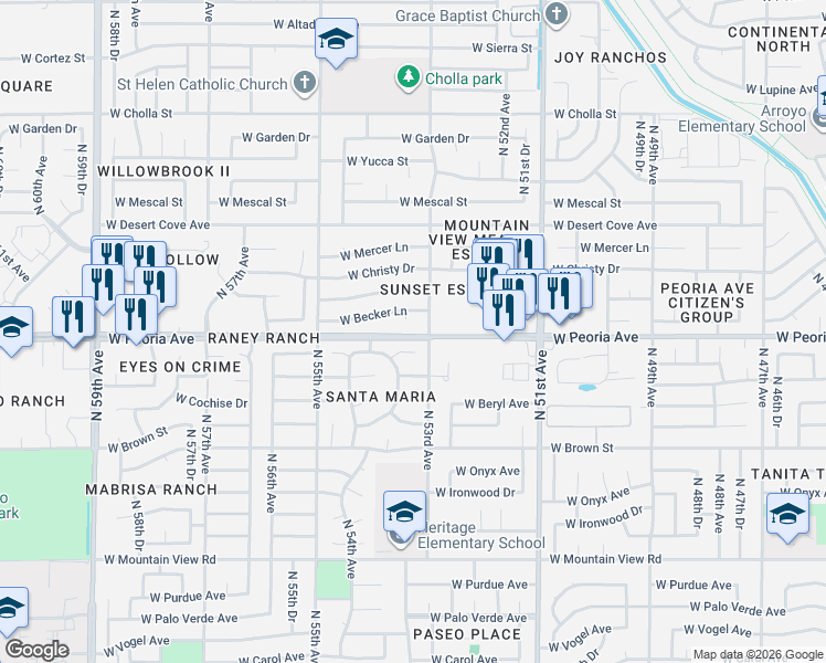 map of restaurants, bars, coffee shops, grocery stores, and more near 10612 North 53rd Circle in Glendale