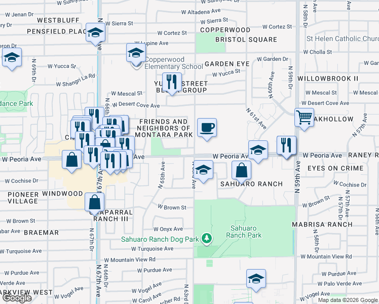 map of restaurants, bars, coffee shops, grocery stores, and more near 6313 West Becker Lane in Glendale