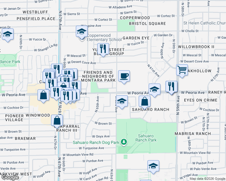 map of restaurants, bars, coffee shops, grocery stores, and more near 6313 West Becker Lane in Glendale