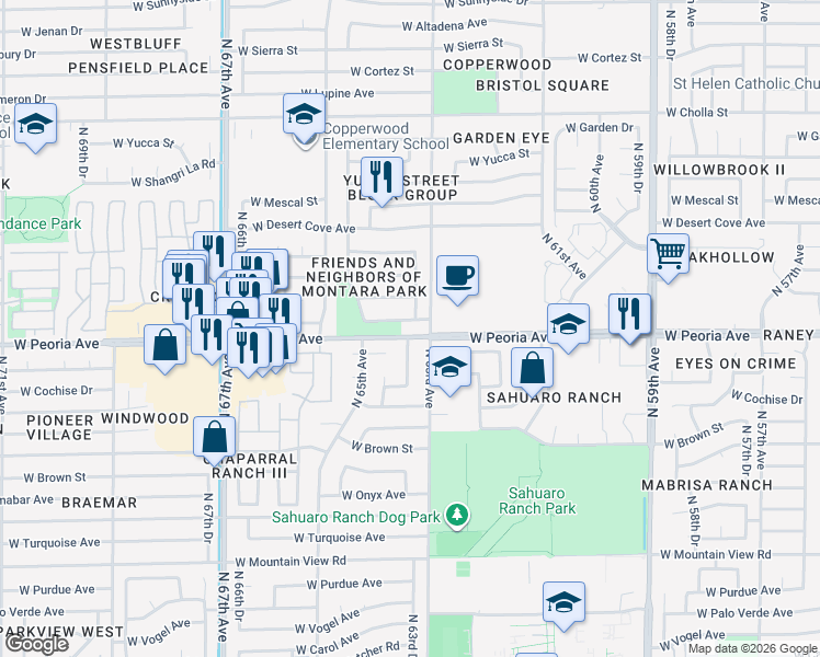 map of restaurants, bars, coffee shops, grocery stores, and more near 6313 West Becker Lane in Glendale