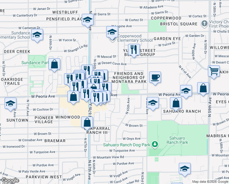map of restaurants, bars, coffee shops, grocery stores, and more near 6521 West Becker Lane in Glendale