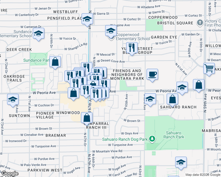 map of restaurants, bars, coffee shops, grocery stores, and more near 6521 West Becker Lane in Glendale