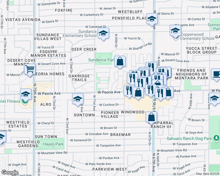 map of restaurants, bars, coffee shops, grocery stores, and more near 10643 North 70th Avenue in Peoria