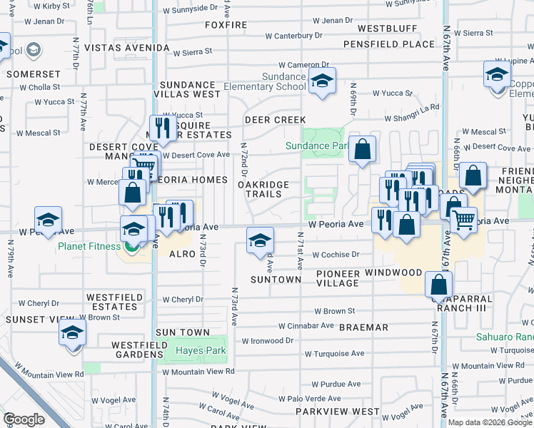 map of restaurants, bars, coffee shops, grocery stores, and more near 10614 North 72nd Avenue in Peoria