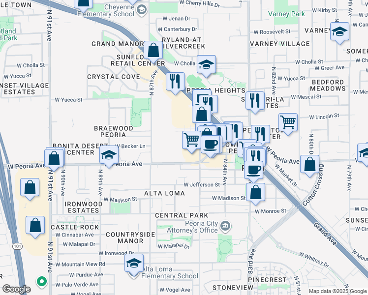 map of restaurants, bars, coffee shops, grocery stores, and more near 8560 West Peoria Avenue in Peoria