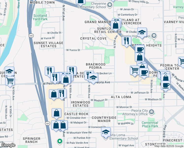 map of restaurants, bars, coffee shops, grocery stores, and more near 8831 West Becker Lane in Peoria
