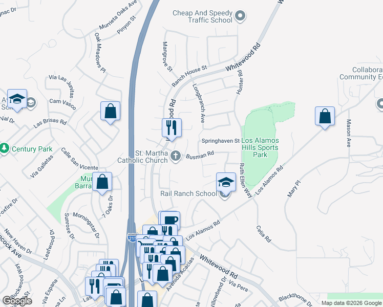 map of restaurants, bars, coffee shops, grocery stores, and more near 27832 Busman Road in Murrieta