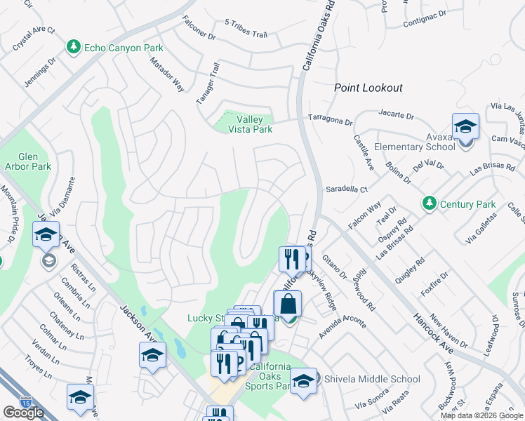 map of restaurants, bars, coffee shops, grocery stores, and more near 40164 Vía Marisa in Murrieta