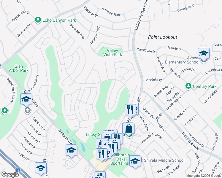 map of restaurants, bars, coffee shops, grocery stores, and more near 40164 Vía Marisa in Murrieta
