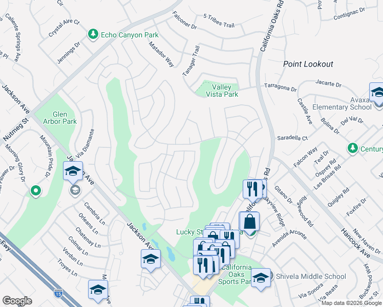map of restaurants, bars, coffee shops, grocery stores, and more near 40332 Vía Siena in Murrieta