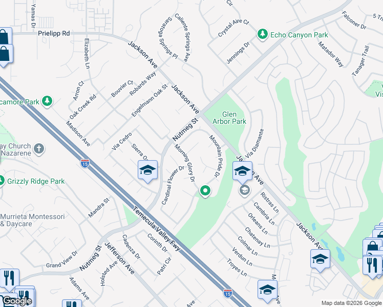 map of restaurants, bars, coffee shops, grocery stores, and more near 23835 Spring Branch Court in Murrieta