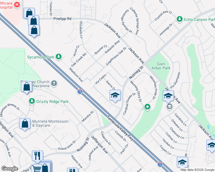 map of restaurants, bars, coffee shops, grocery stores, and more near 23713 Sierra Oak Drive in Murrieta