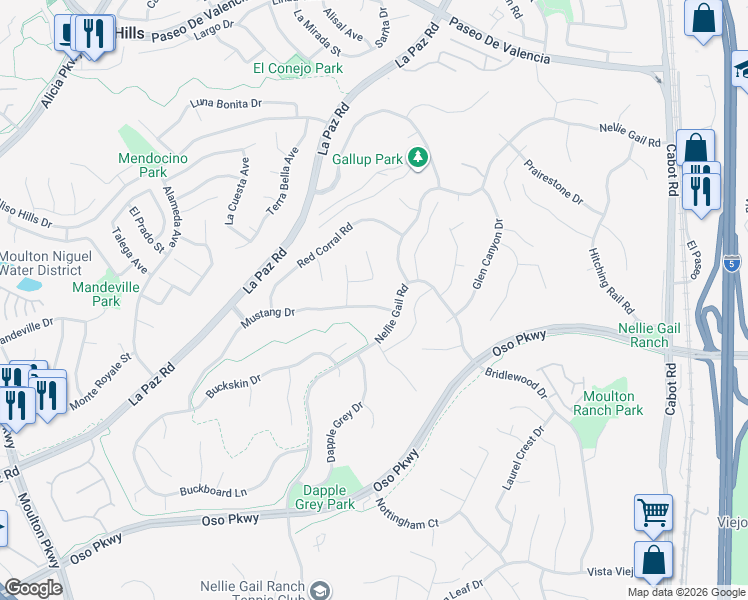 map of restaurants, bars, coffee shops, grocery stores, and more near 25391 Mustang Drive in Laguna Hills