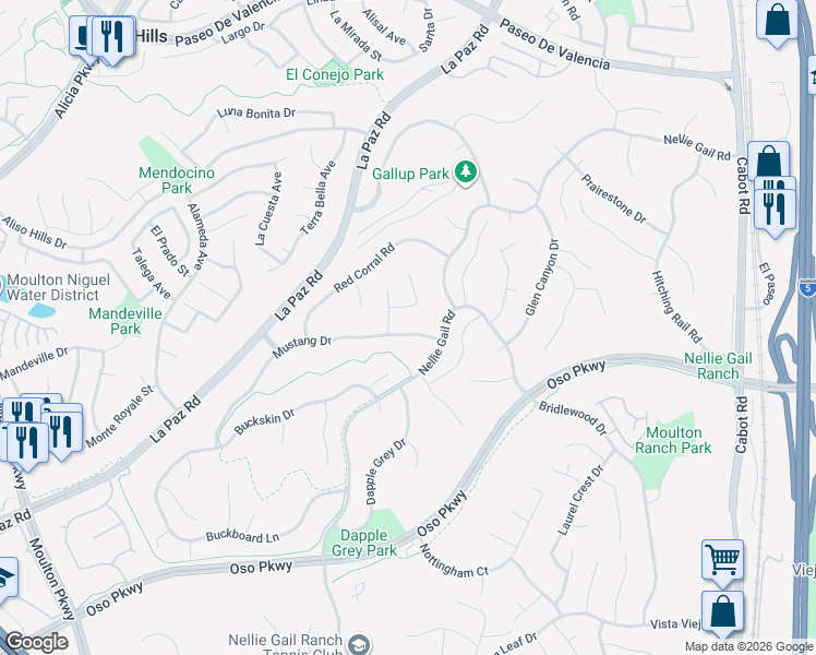 map of restaurants, bars, coffee shops, grocery stores, and more near 25391 Mustang Drive in Laguna Hills