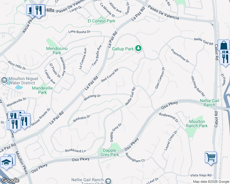 map of restaurants, bars, coffee shops, grocery stores, and more near 25291 Mustang Drive in Laguna Hills