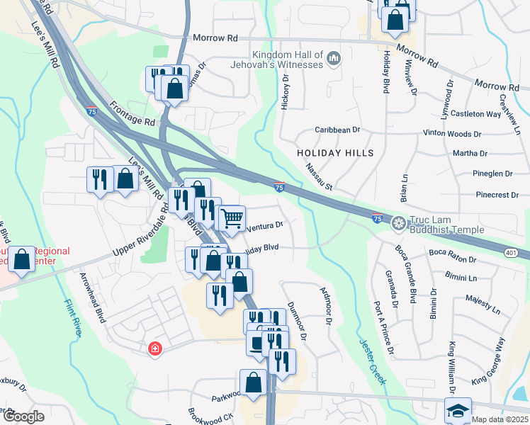 map of restaurants, bars, coffee shops, grocery stores, and more near 561 Santa Barbara Drive in Forest Park