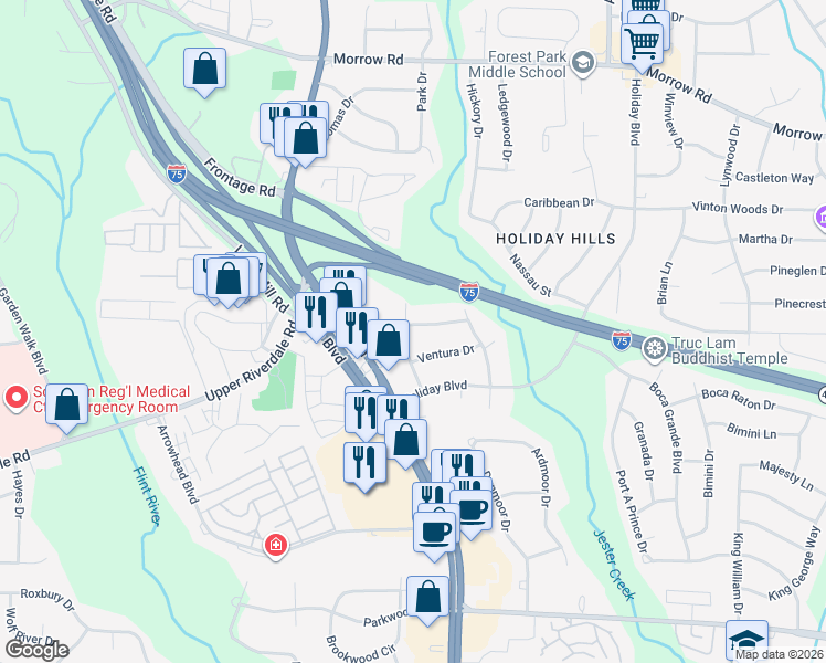 map of restaurants, bars, coffee shops, grocery stores, and more near 6346 Waikiki Way in Forest Park