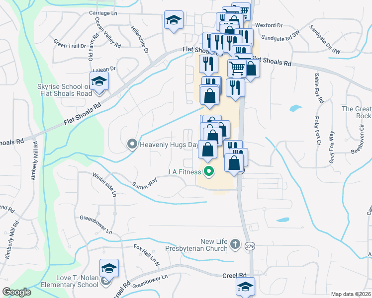 map of restaurants, bars, coffee shops, grocery stores, and more near 6042 Rockaway Road in Atlanta