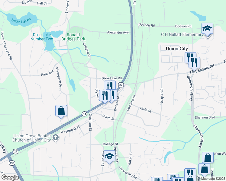 map of restaurants, bars, coffee shops, grocery stores, and more near 6369 Roosevelt Highway in Union City