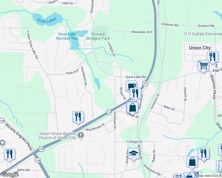 map of restaurants, bars, coffee shops, grocery stores, and more near 6369 Gresham Street in Union City