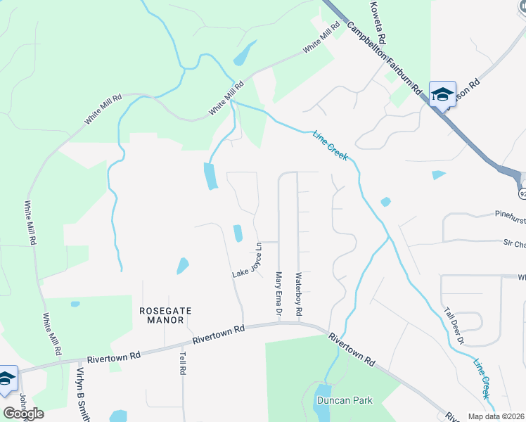 map of restaurants, bars, coffee shops, grocery stores, and more near 610 Lake Joyce Lane in Fairburn